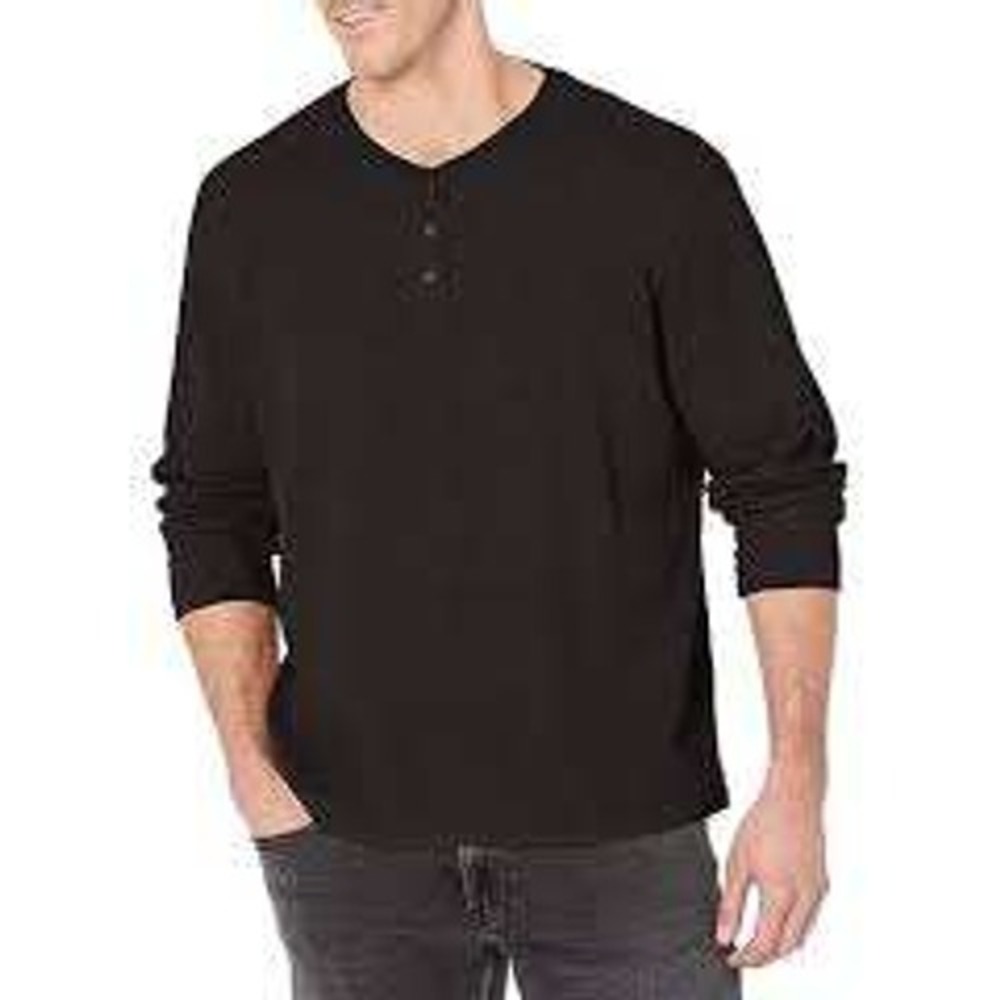 JMIERR Mens Long Sleeve Ribbed Henley Shirt Black 2XL Button Placket Curved Hem
